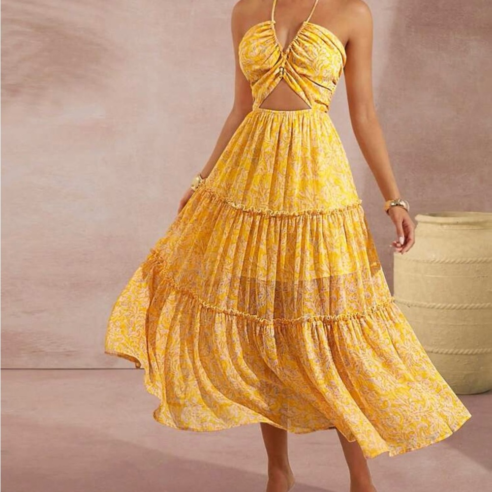 Elegant Yellow Backless Floral Dress